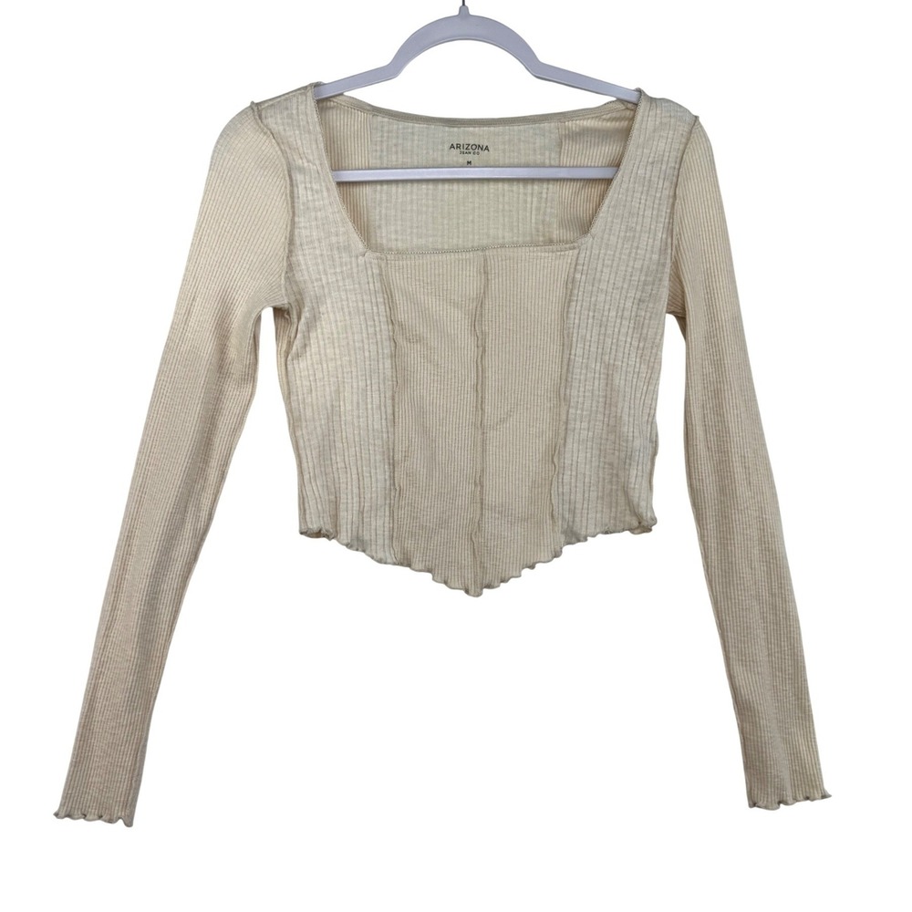 Arizona Jean Co Womens Cream Ribbed Corset‎ Top Square Neck Lettuce Hem Medium